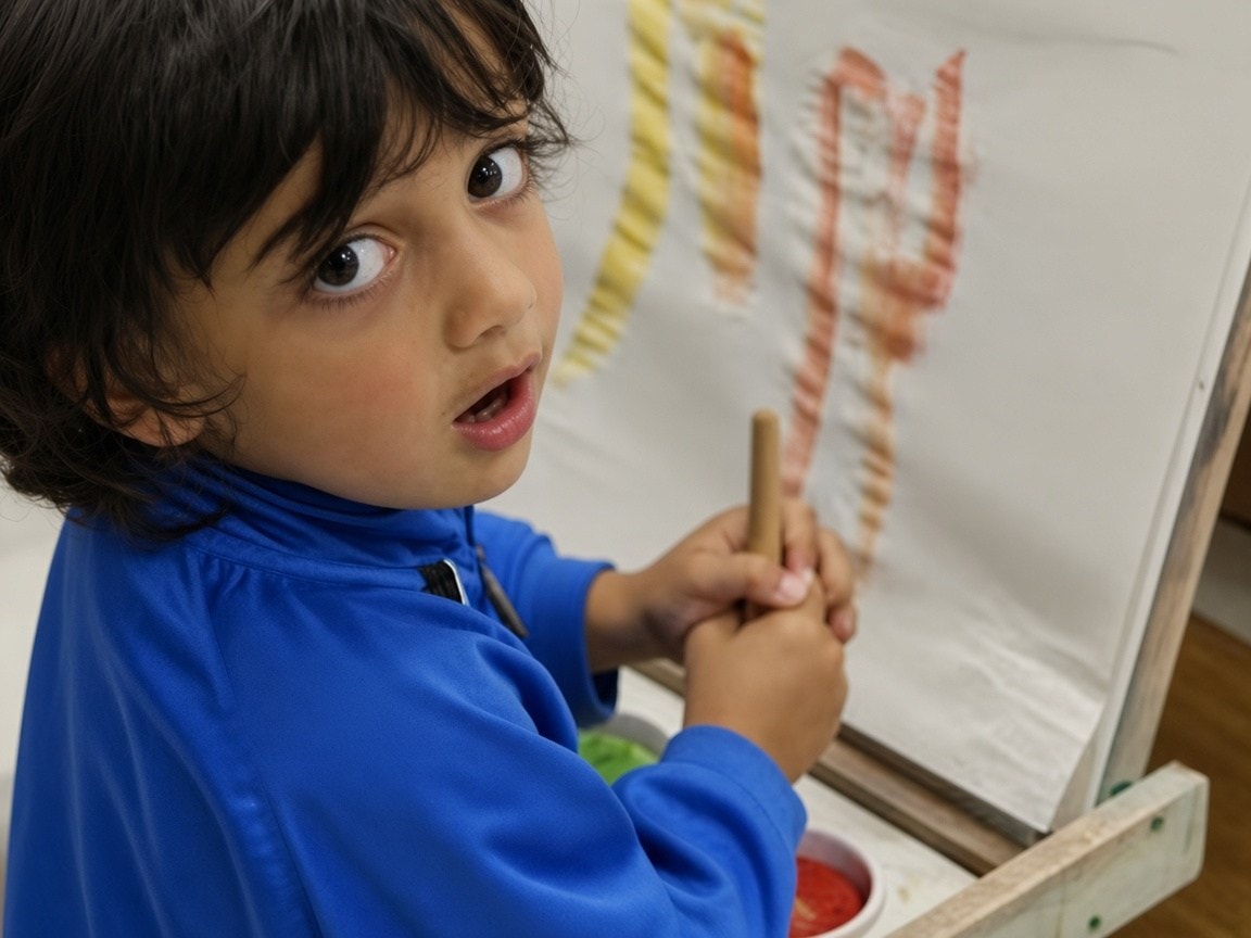 A child paints at an easel during the school day