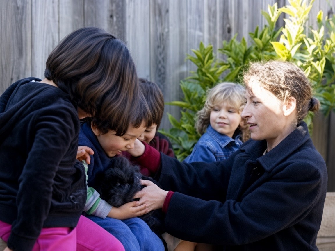 Children and a teacher gathered around a rabbit in the garden