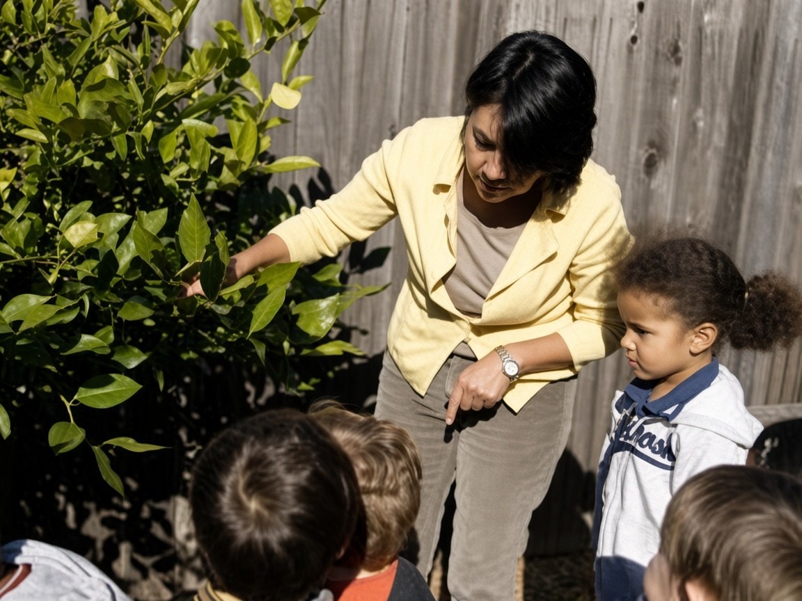 A teacher shows children the lemon tree in the school garden