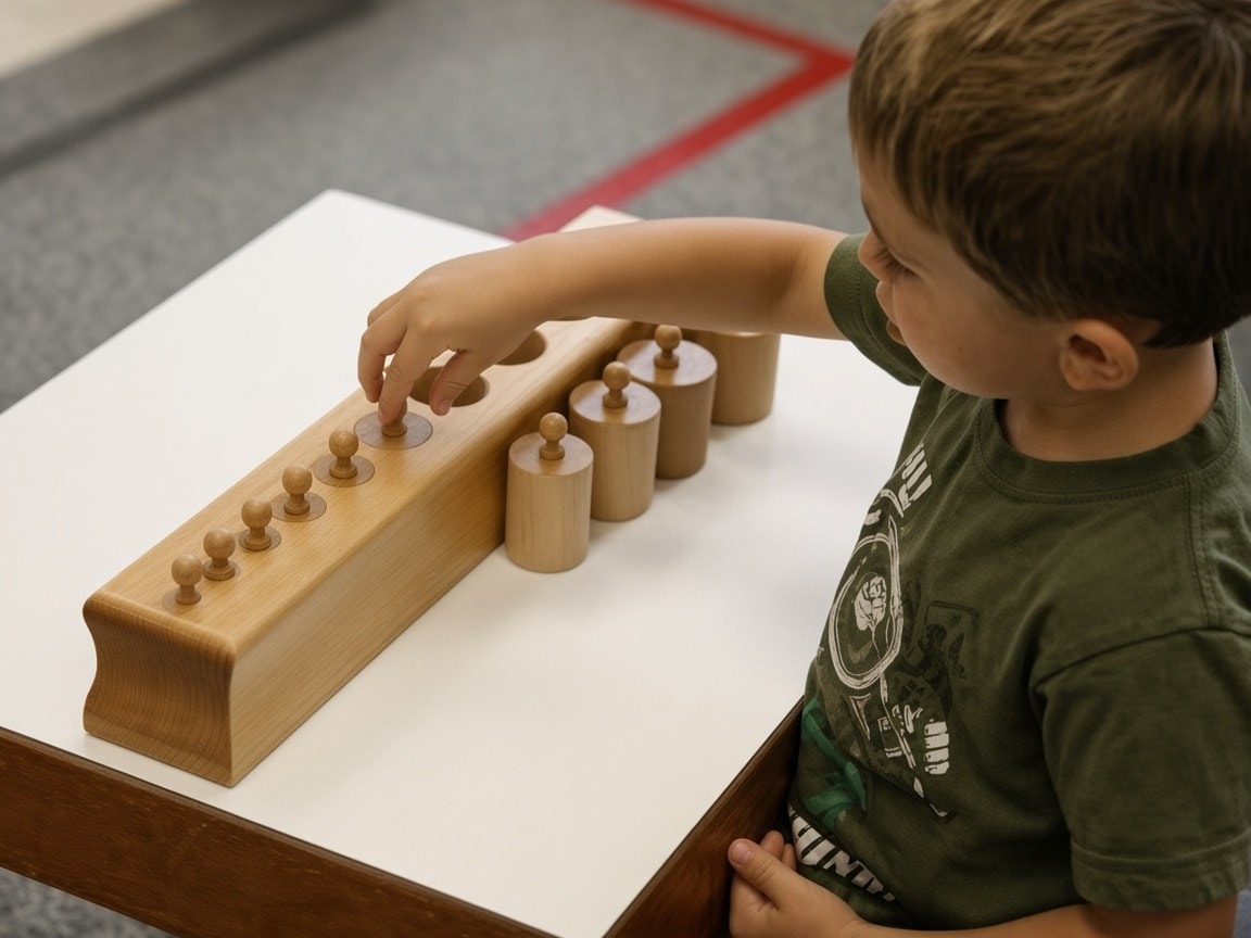 A child works with Montessori knobbed cylinders