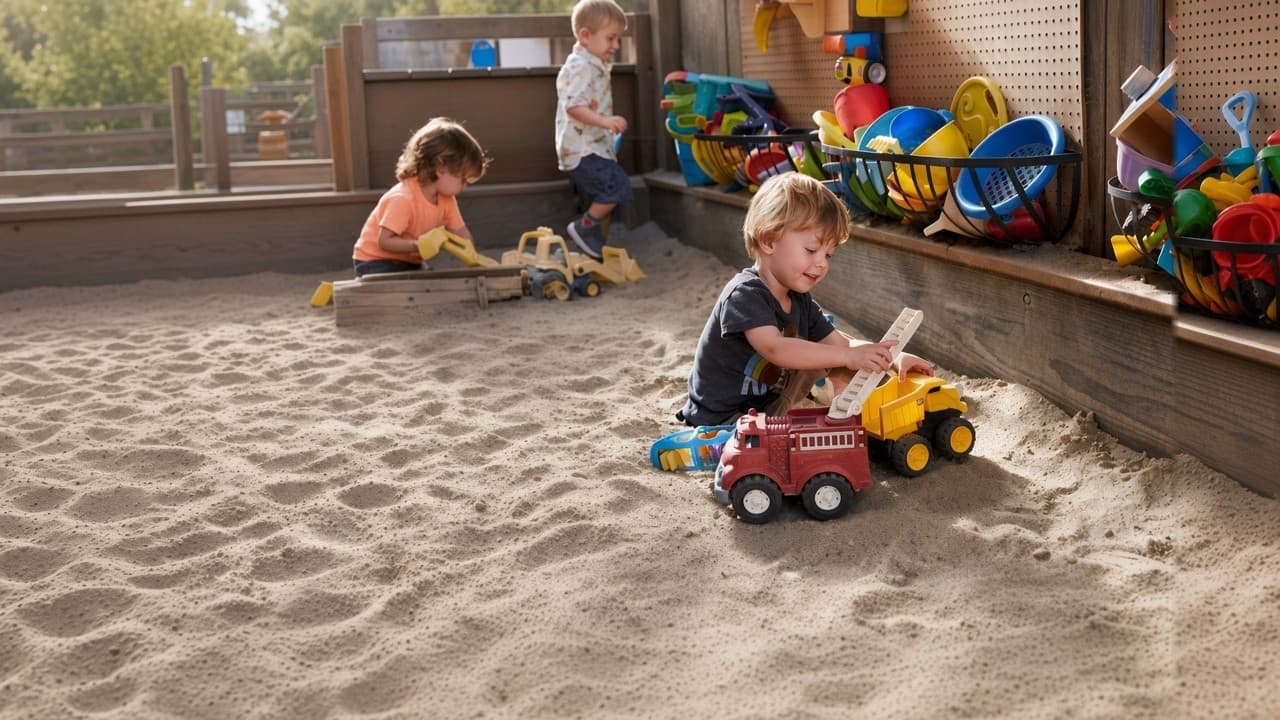 A smiling toddler plays with toy trucks in an outdoor sandbox