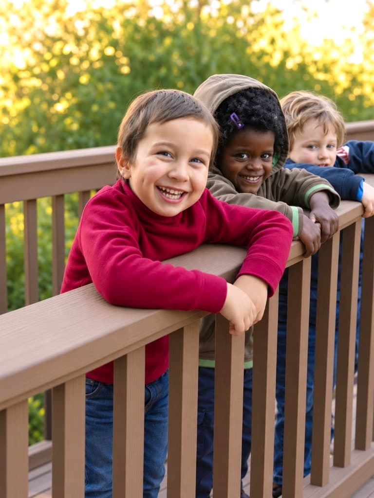 Three smiling preschoolers leaning on a wooden railing outdoors