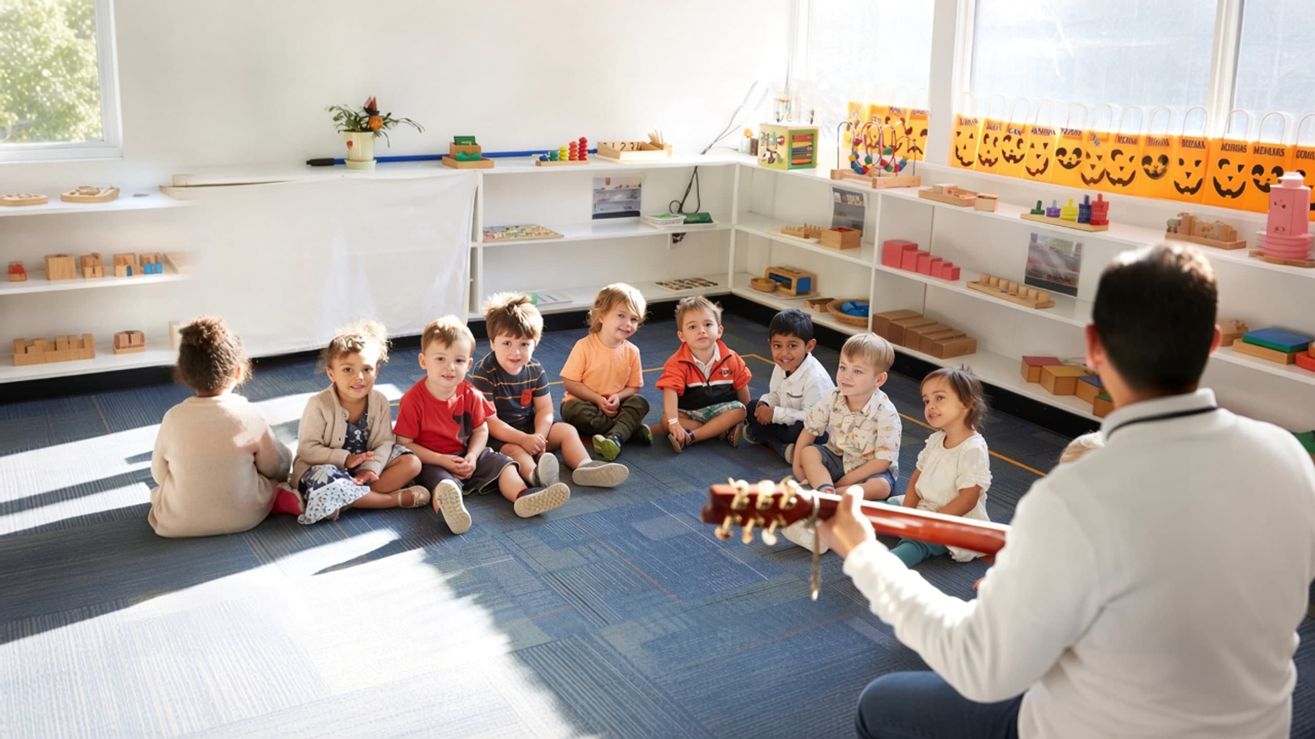 Preschoolers smile gently during classroom circle time while a teacher plays guitar